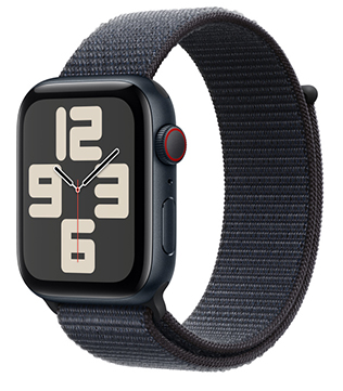 Apple Watch SE (2nd Gen) (GPS + Cellular, 44mm) Midnight Aluminum Case With Black & Orange Ocean Sport Loop Smart Watch (Pre-owned)