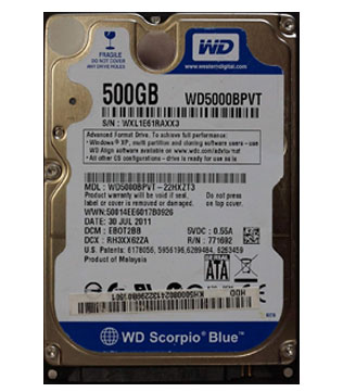 WESTERN DIGITAL WD BLUE 500GB 2.5Inch (WD5000BPVT) Laptop Hard Disk Drive (Pre-owned)